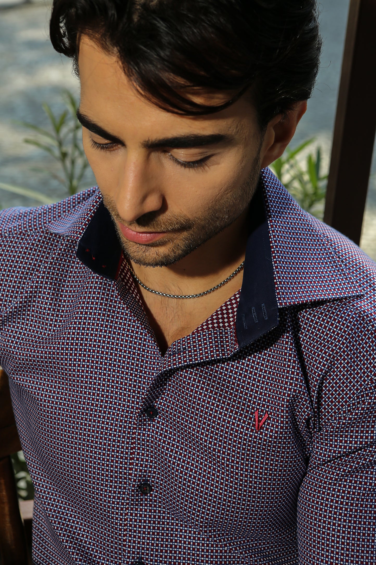 Majestic Blue Red Checkered High Collar Dress shirt