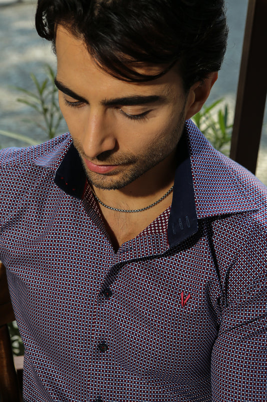 Majestic Blue Red Checkered High Collar Dress shirt