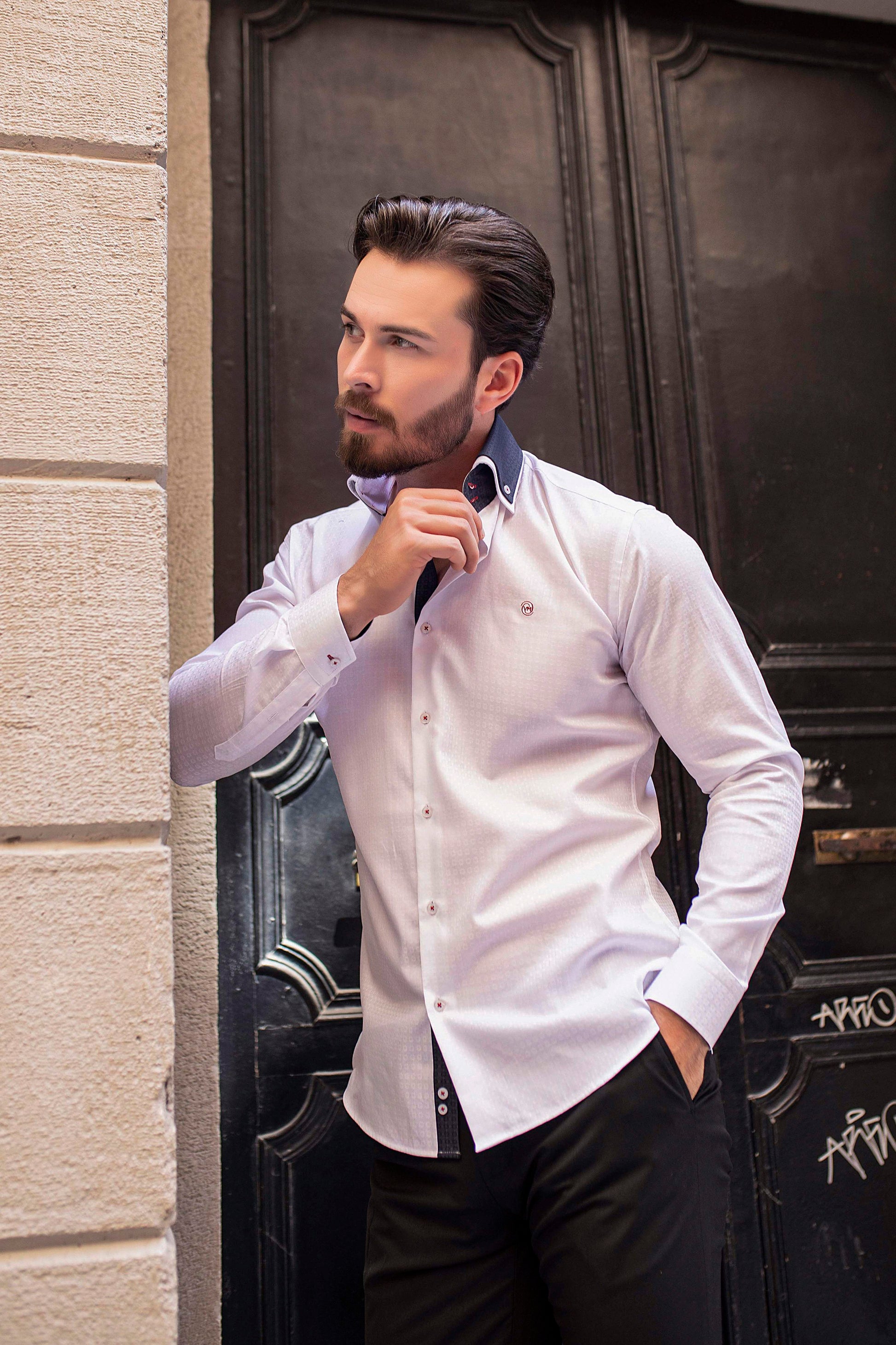 Bianca White Check Design Slim Dress Shirt with Navy Linings and Valnti Moda Logo On Right Chest