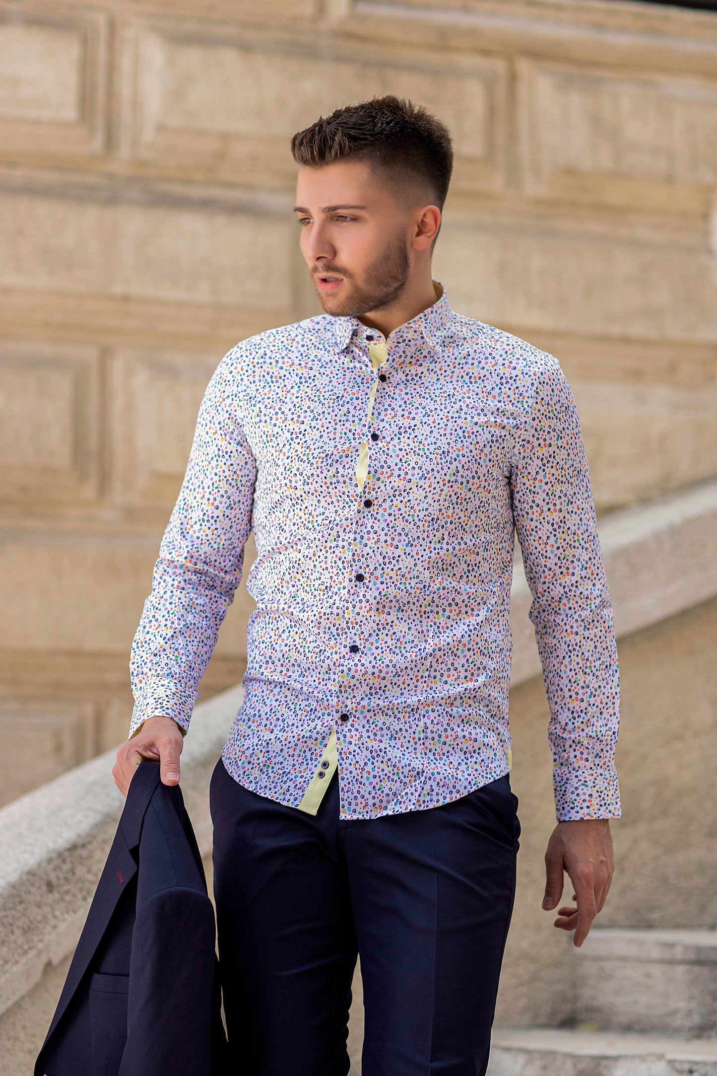 Stylish Party wear Birthday-Inspired Slim Dress Shirt with Pastel Colors and Yellow Linings