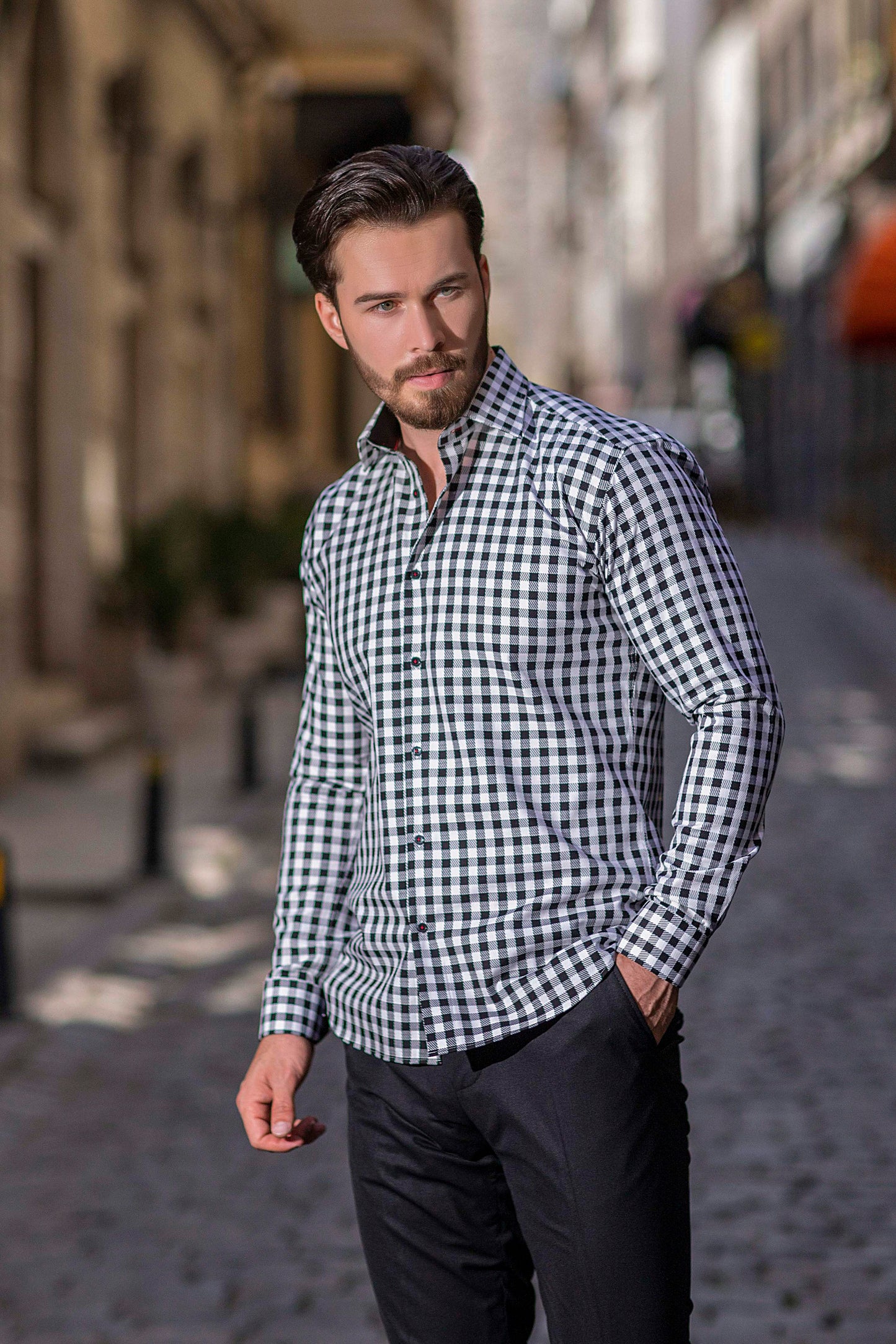 Black plaid men's dress shirt houston texas