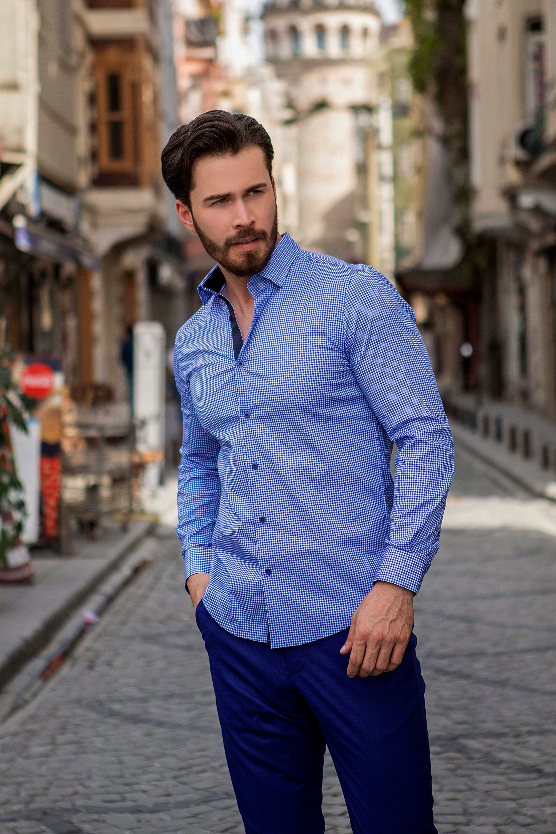 Blue Elegance Slim Dress Shirt With Dark Blue Linings. A perfect menswear for any occasion.