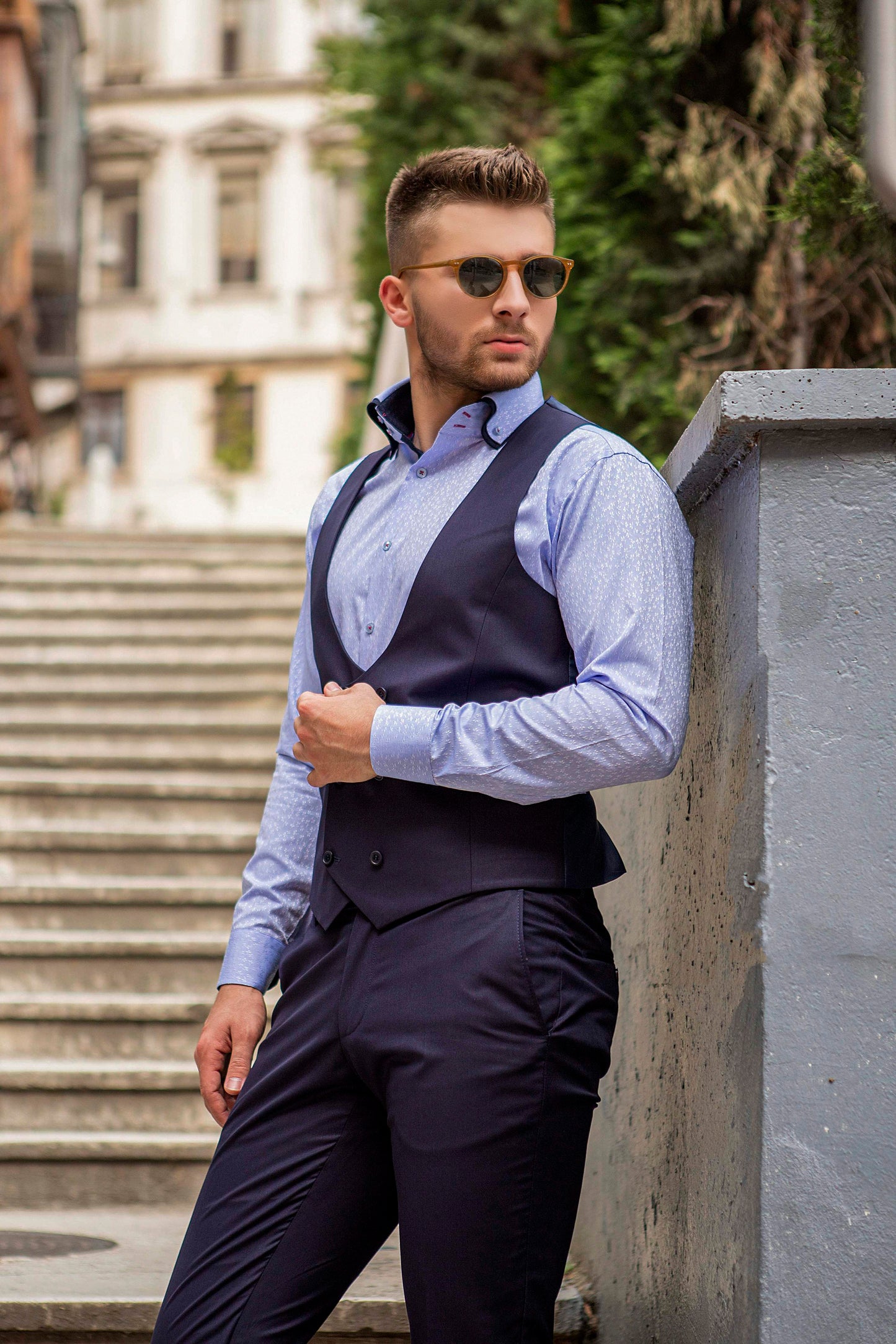 Light Blue Leaf Embellishment Design Slim Dress Shirt With Red Valnti Moda Logo On Right Chest with short jacket