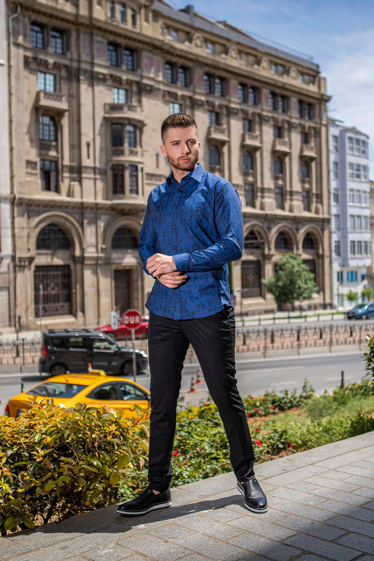 Blue Printed Designed Slim Dress Shirt with Red Detail in Button