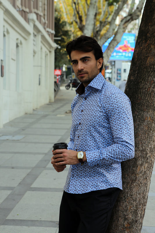 Blue Patterned High Collar Dress Shirt