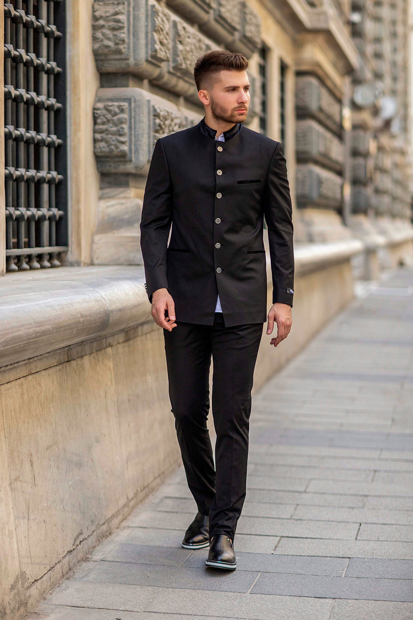 Bold banded black suit