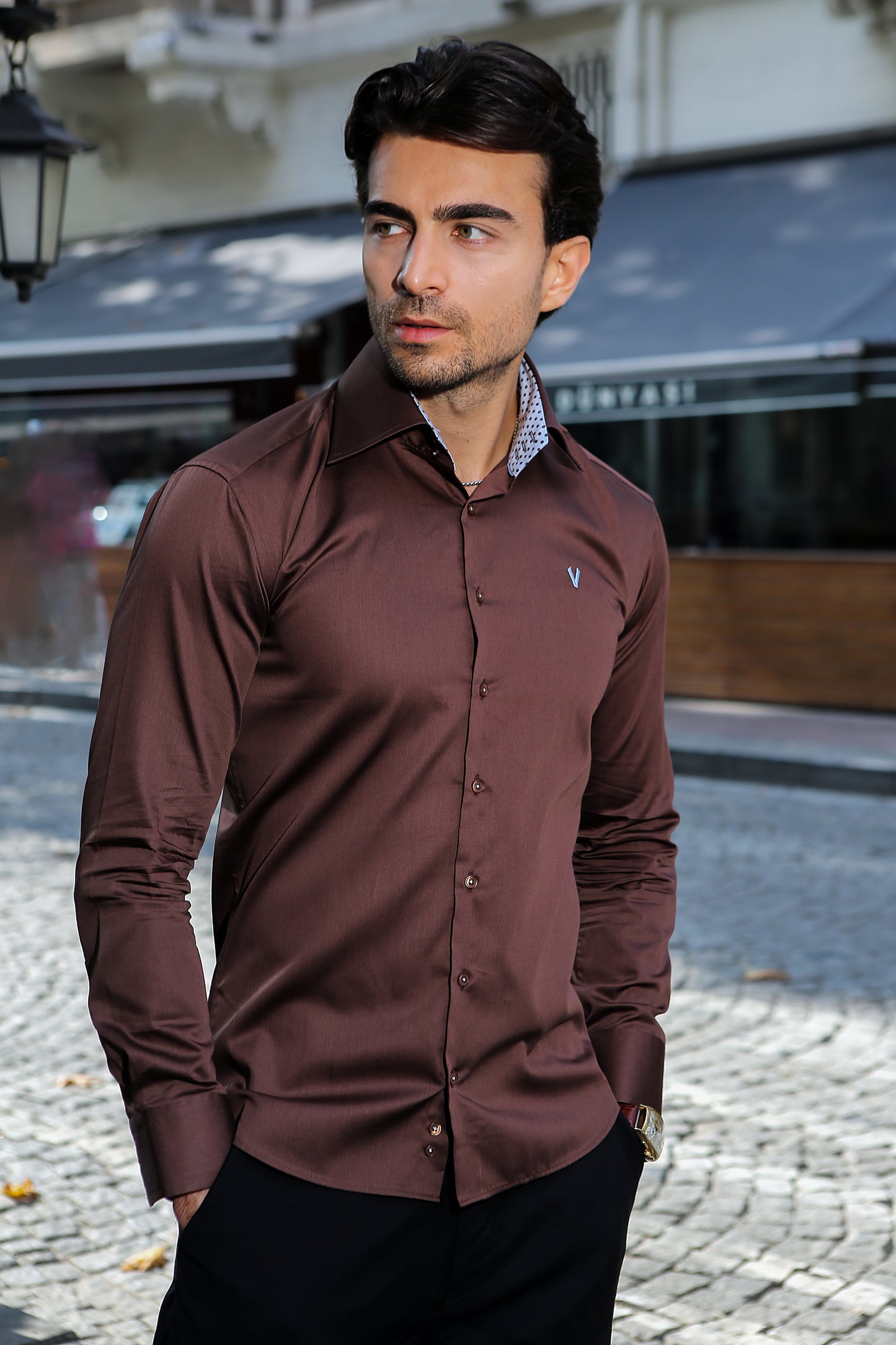 Brown High Collar Dress Shirt
