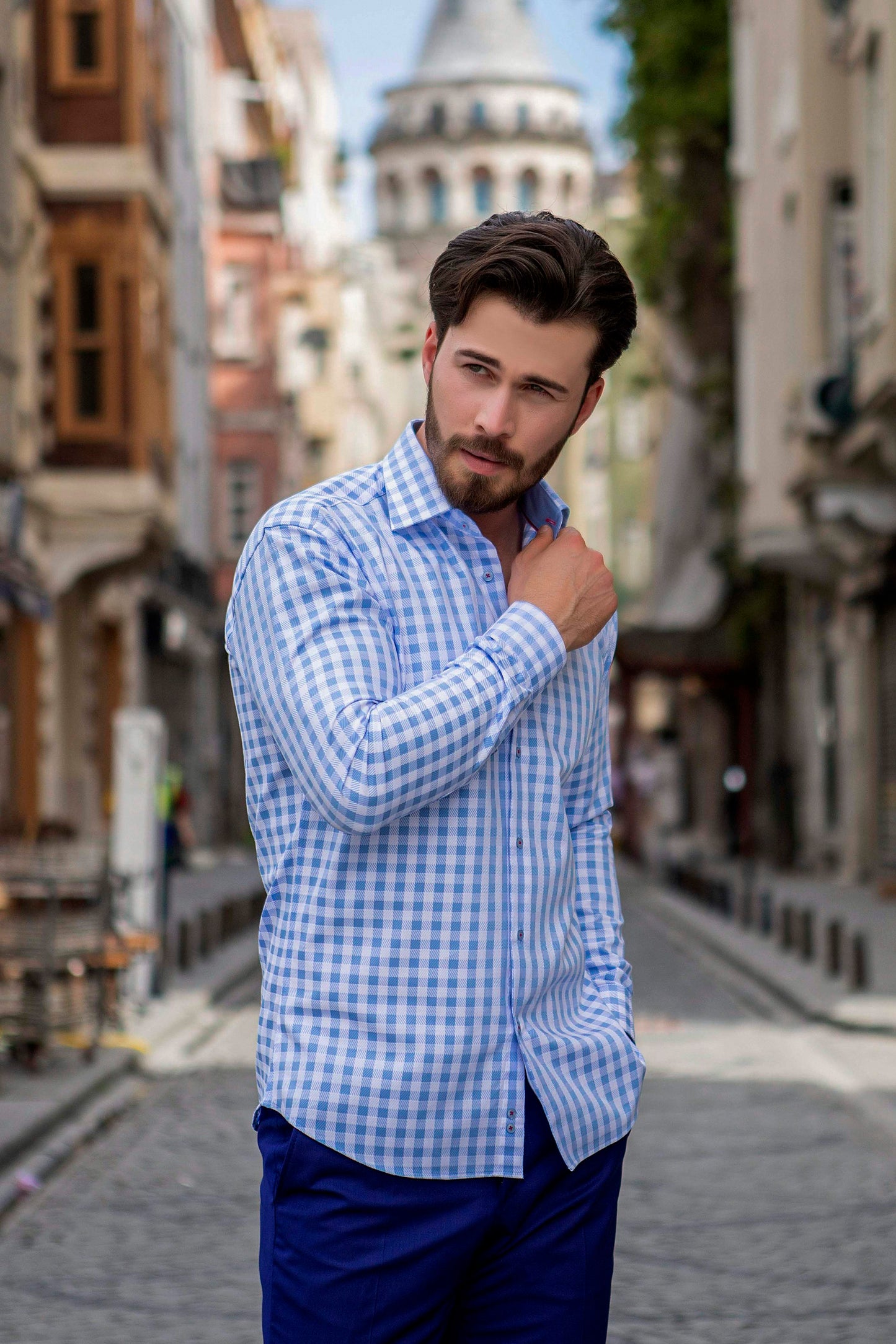 Checkered LightBlue Slim Moda DressShirt