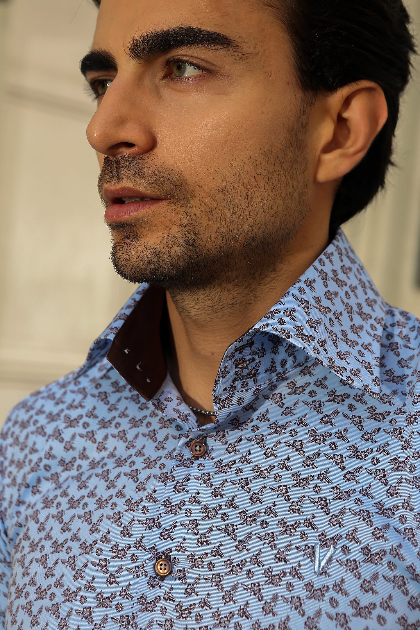 Elegant Blue Patterned High Collar Dress Shirt