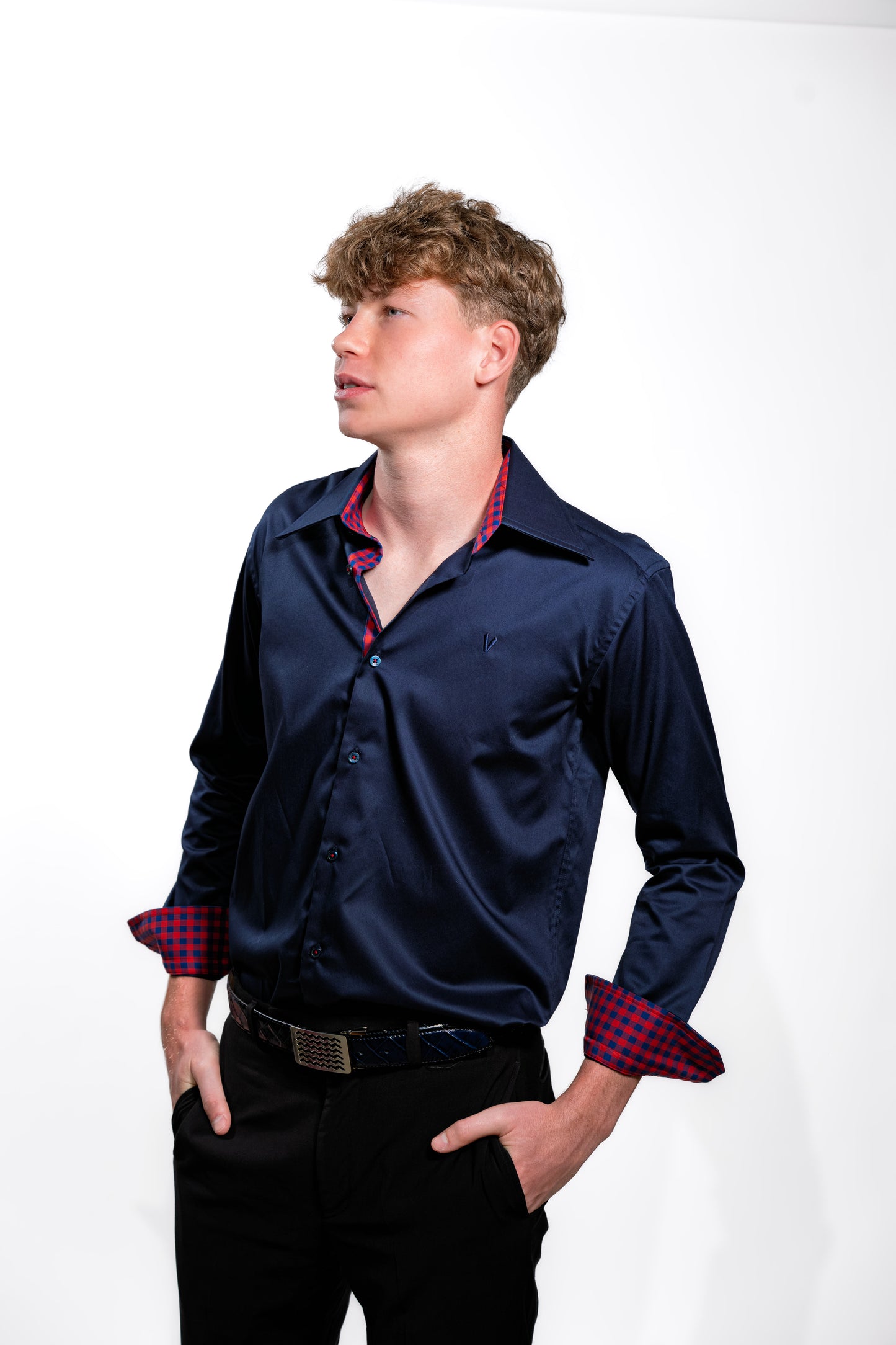 Men’s Luxury Navy Blue Party Shirt with Red Contrast Cuffs