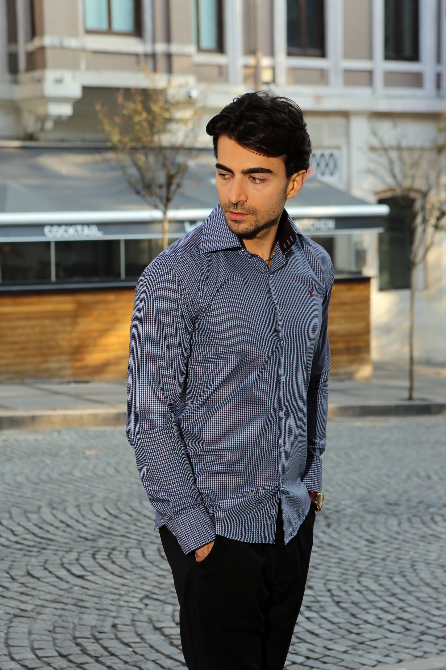 Grey checkered High Collar Dress Shirt img