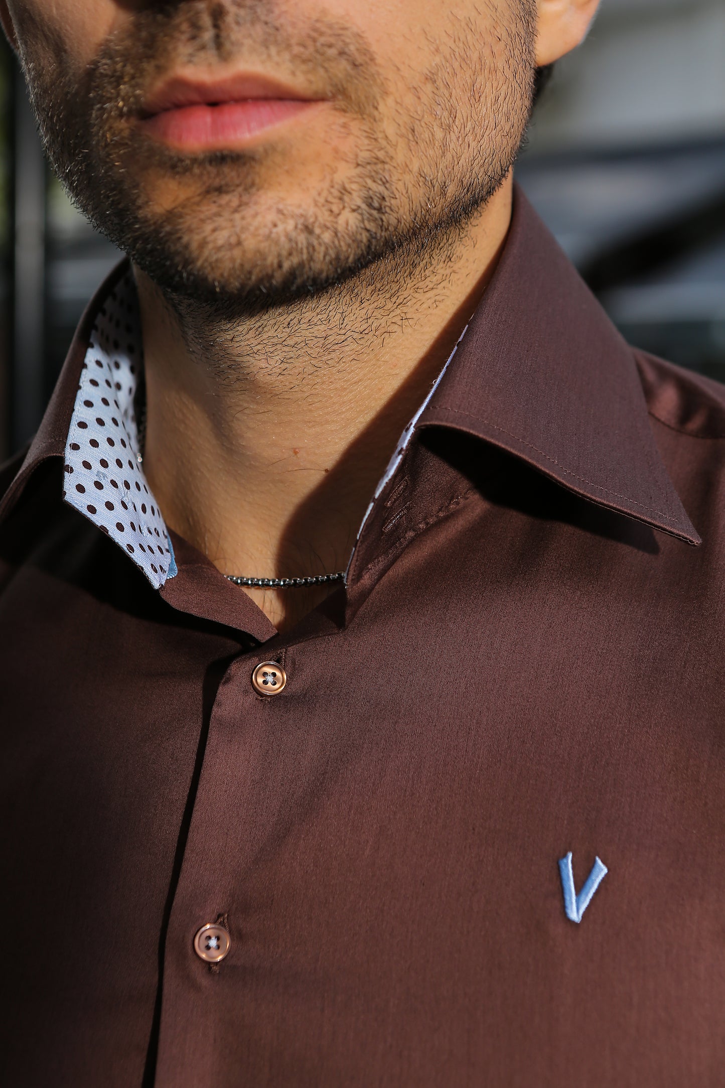 Stylish Brown High Collar Dress Shirt