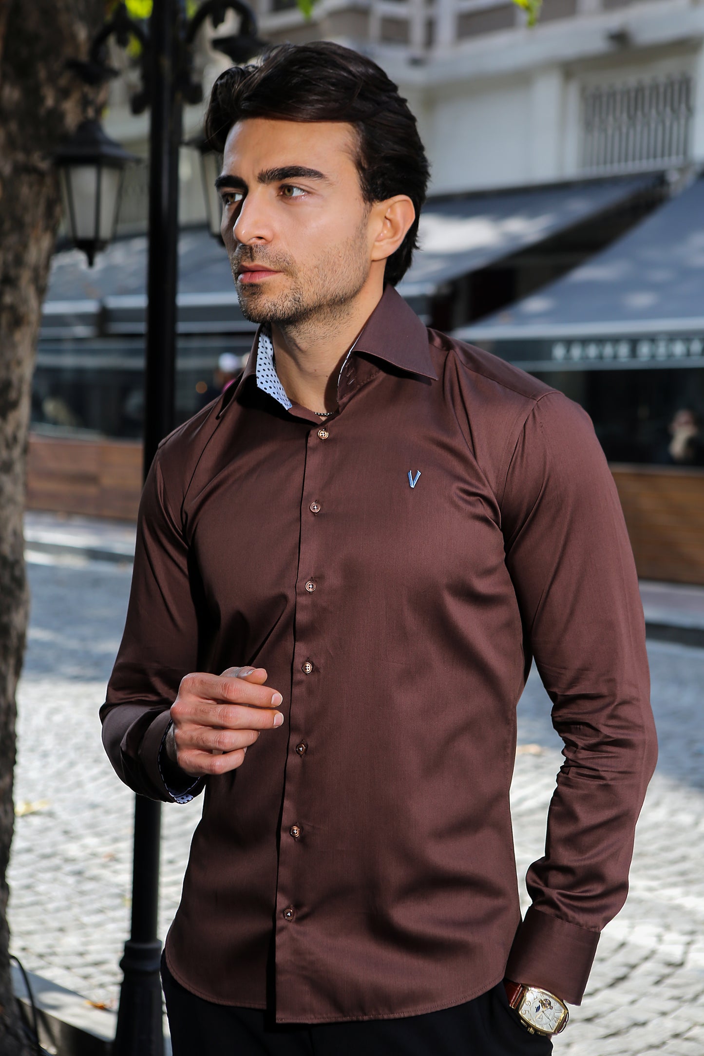 Stylish Brown High Collar Dress Shirt img