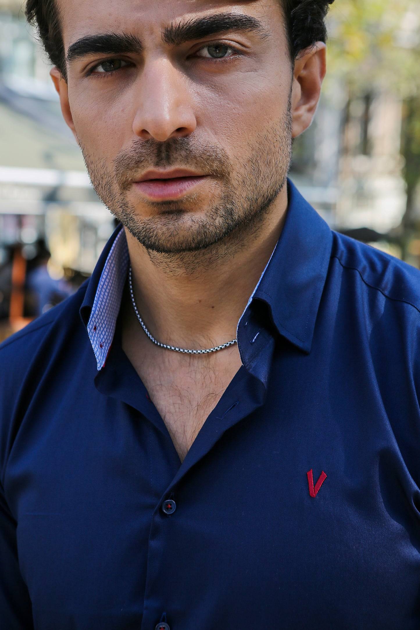 Stylish Dark Blue High Collar Dress Shirt2