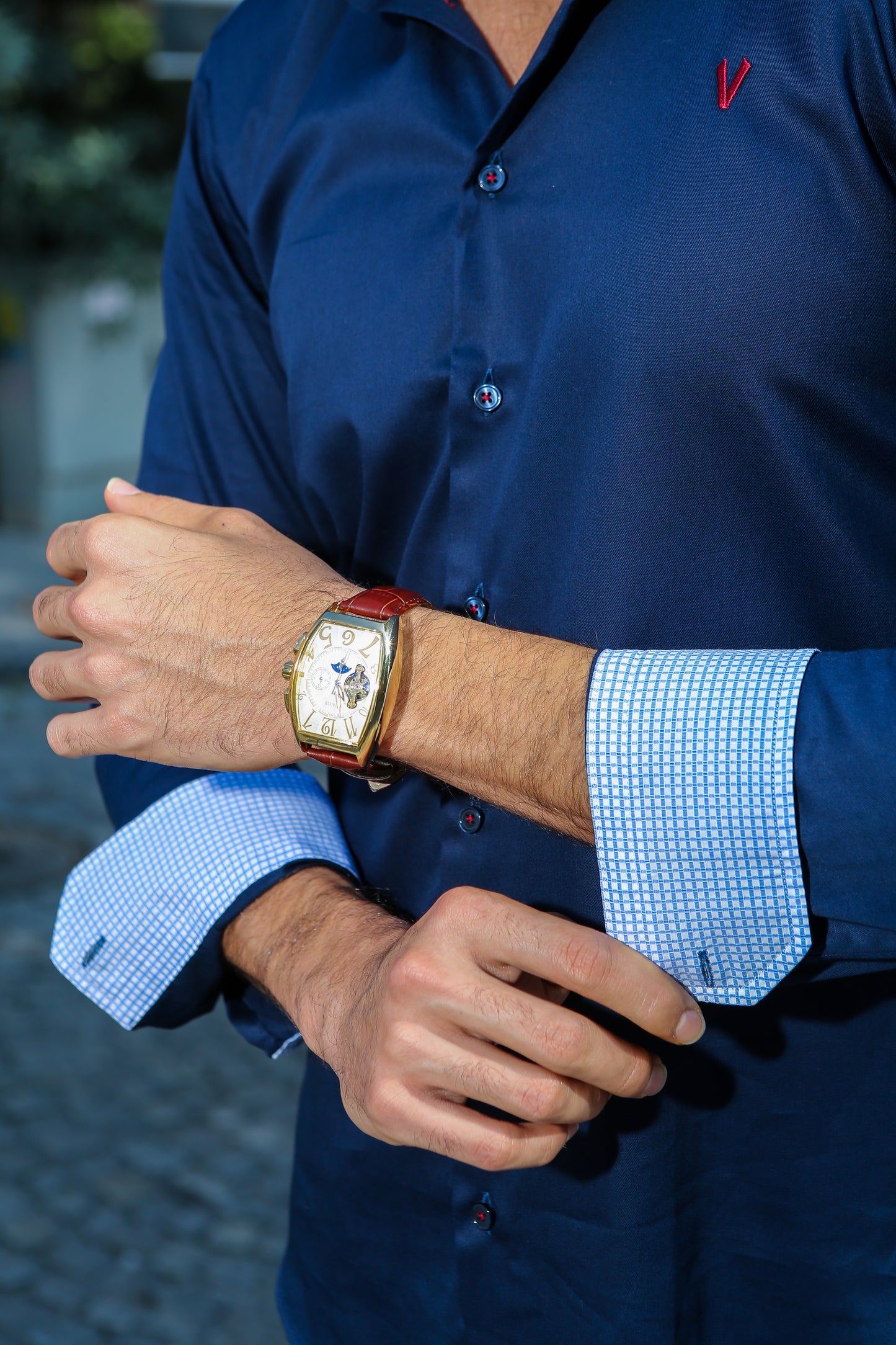 Stylish Dark Blue High Collar Dress Shirt3