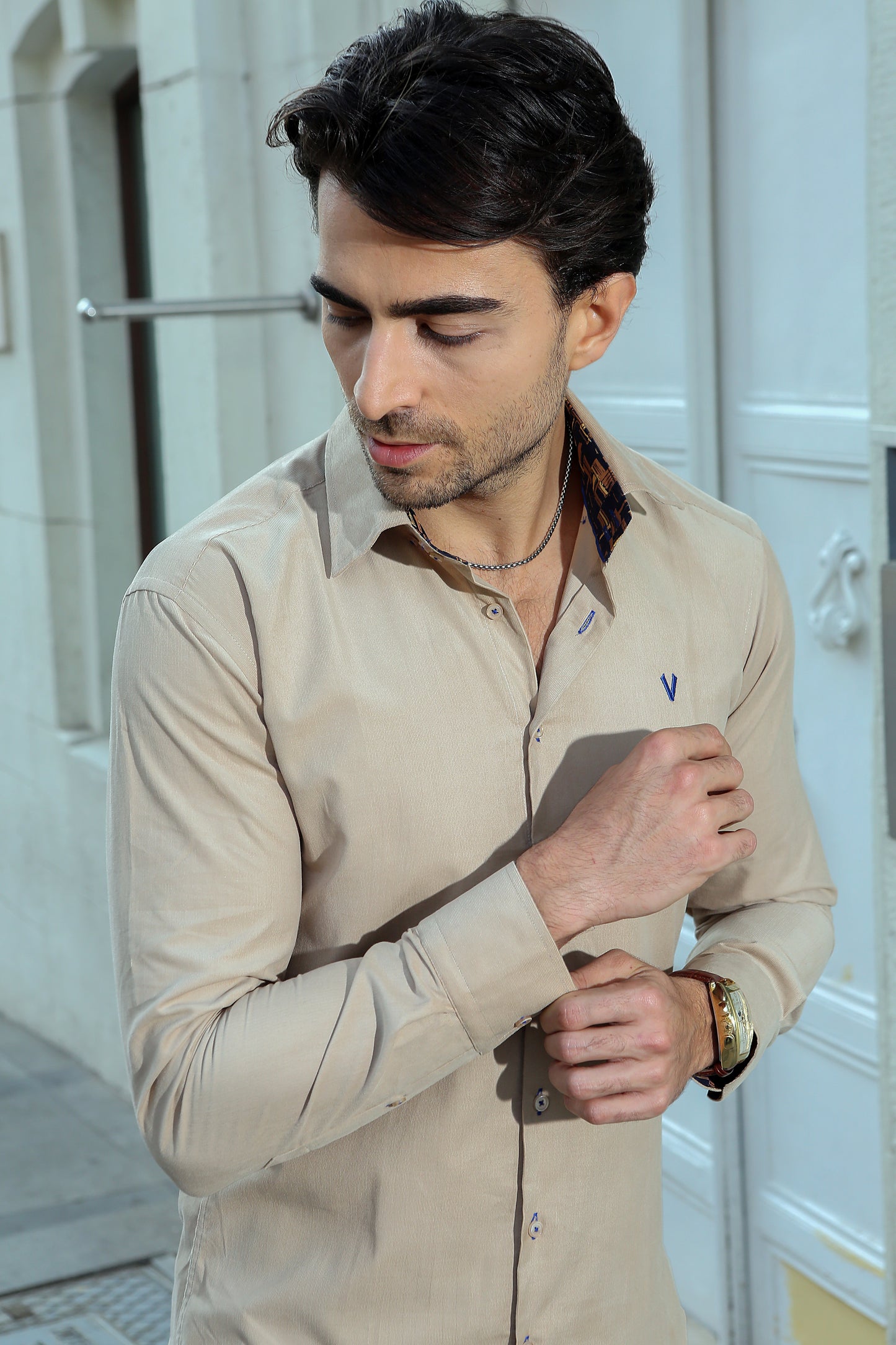 Tan High Collar Shirt img