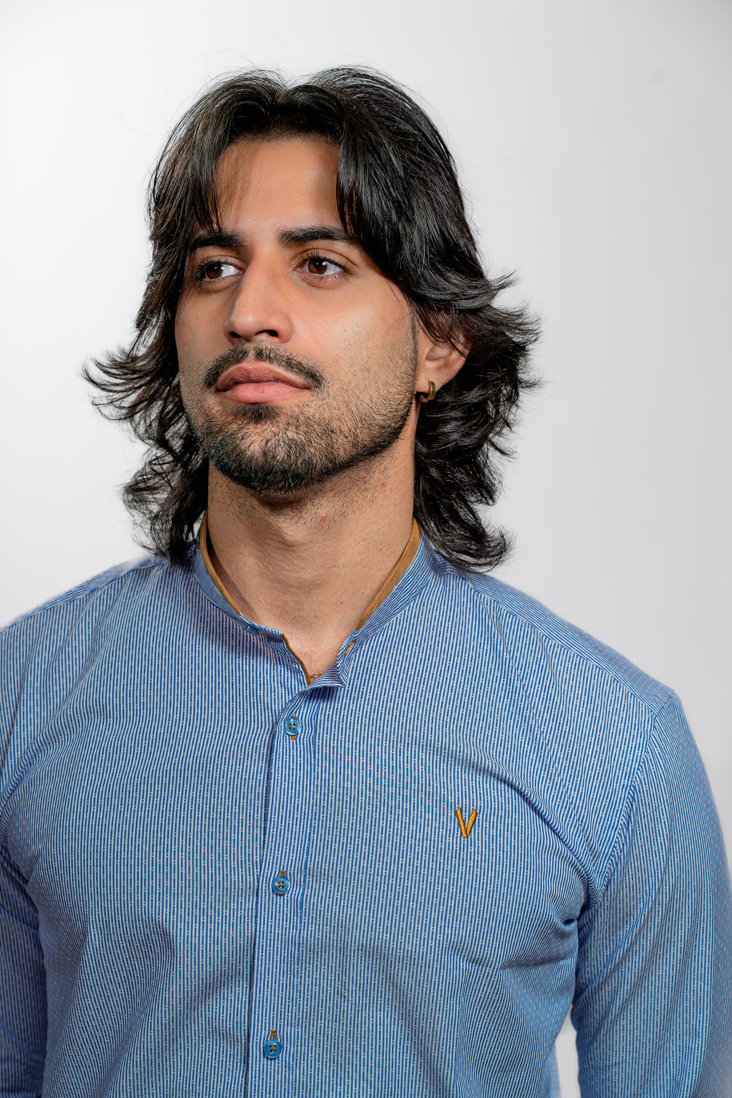 Light Blue Button-Up Shirt with Brown Elbow Patches
