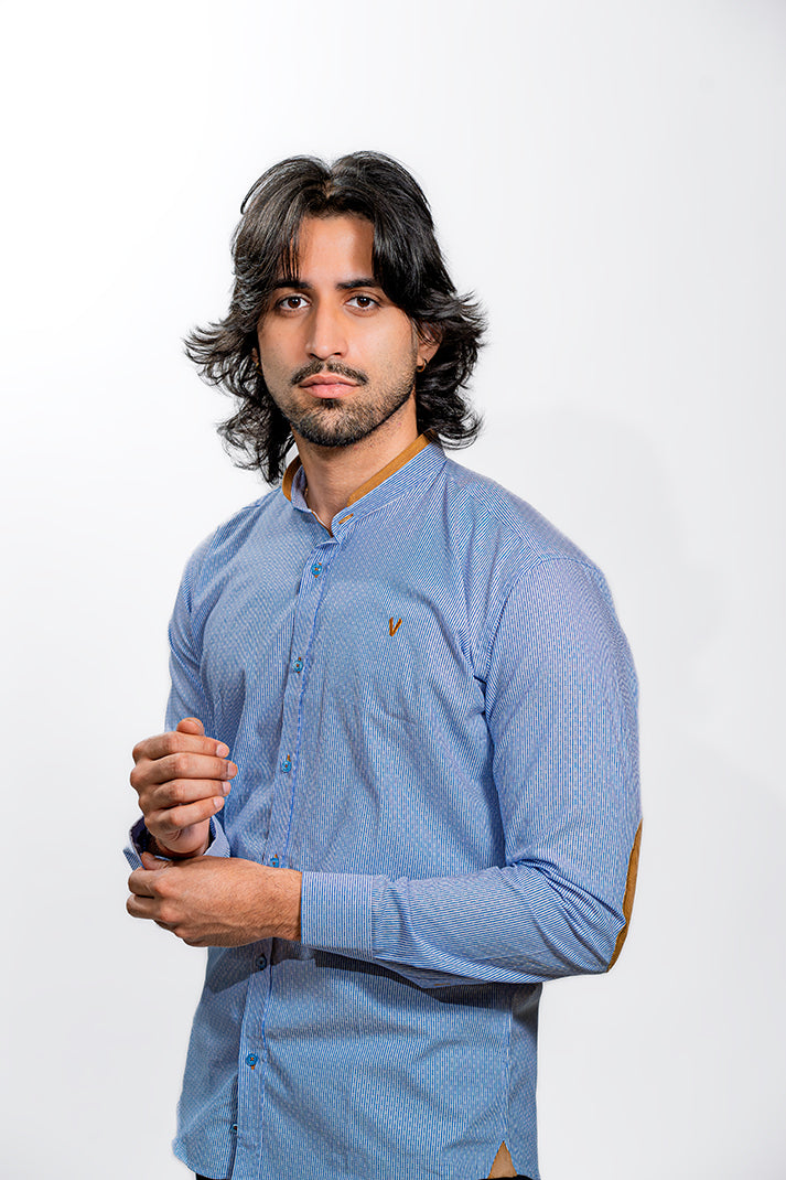 Light Blue Button-Up Shirt with Brown Elbow Patches