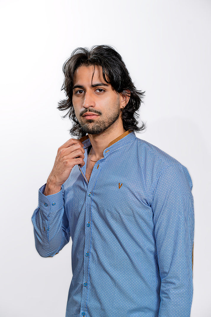 Light Blue Button-Up Shirt with Brown Elbow Patches