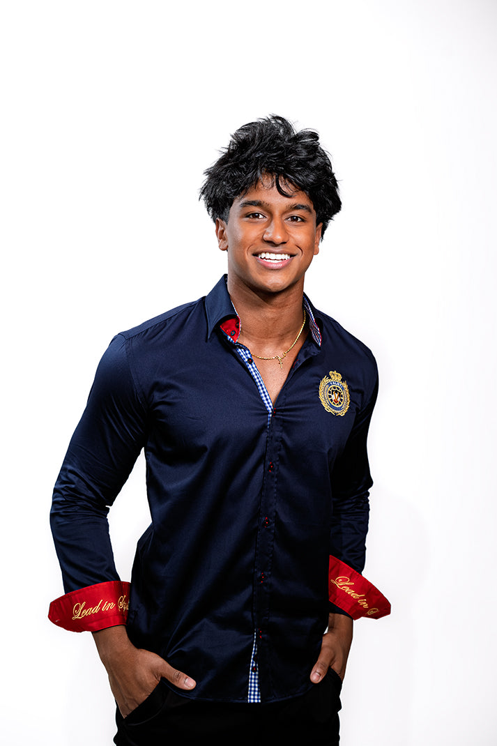 Valnti Navy Blue Button-Up Shirt with Red Cuffs and Lead in Style Embroidered Crest