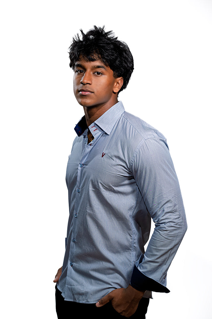 Valnti Navy Button-Up Shirt with Checkered Collar and Cuffs