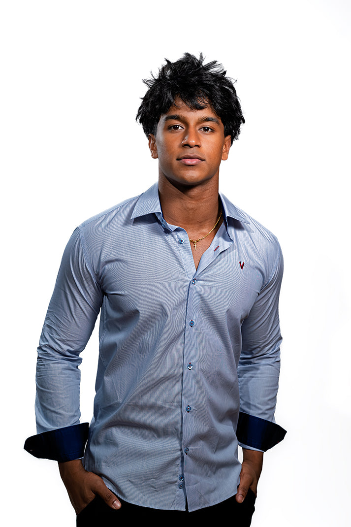 Valnti Navy Button-Up Shirt with Checkered Collar and Cuffs