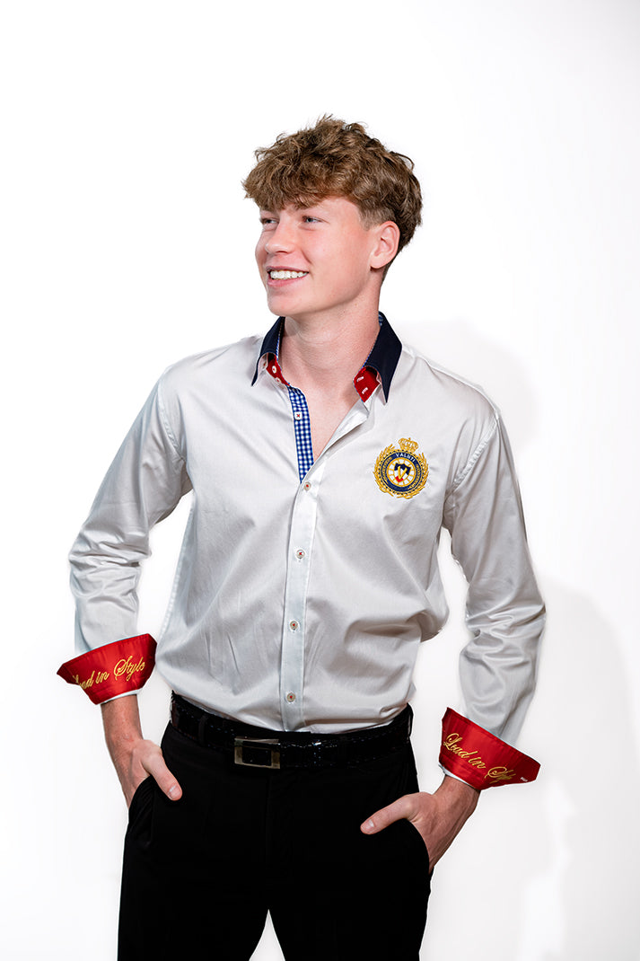 Valnti White Button-Up Shirt with Red Cuffs and Lead in Style Embroidered Crest