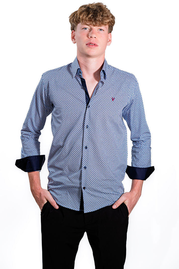Modern Blue Shirt with Pattern and Contrast Cuffs