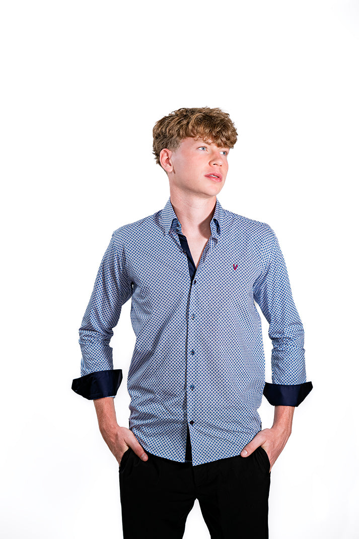 Modern Blue Shirt with Pattern and Contrast Cuffs