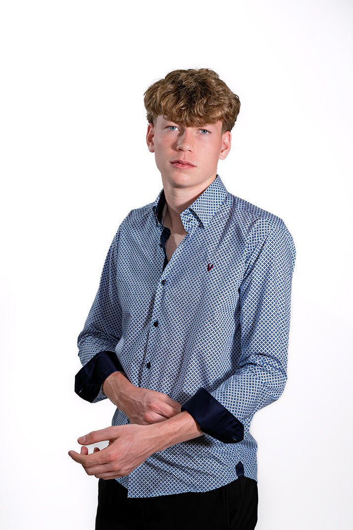 Modern Blue Shirt with Pattern and Contrast Cuffs