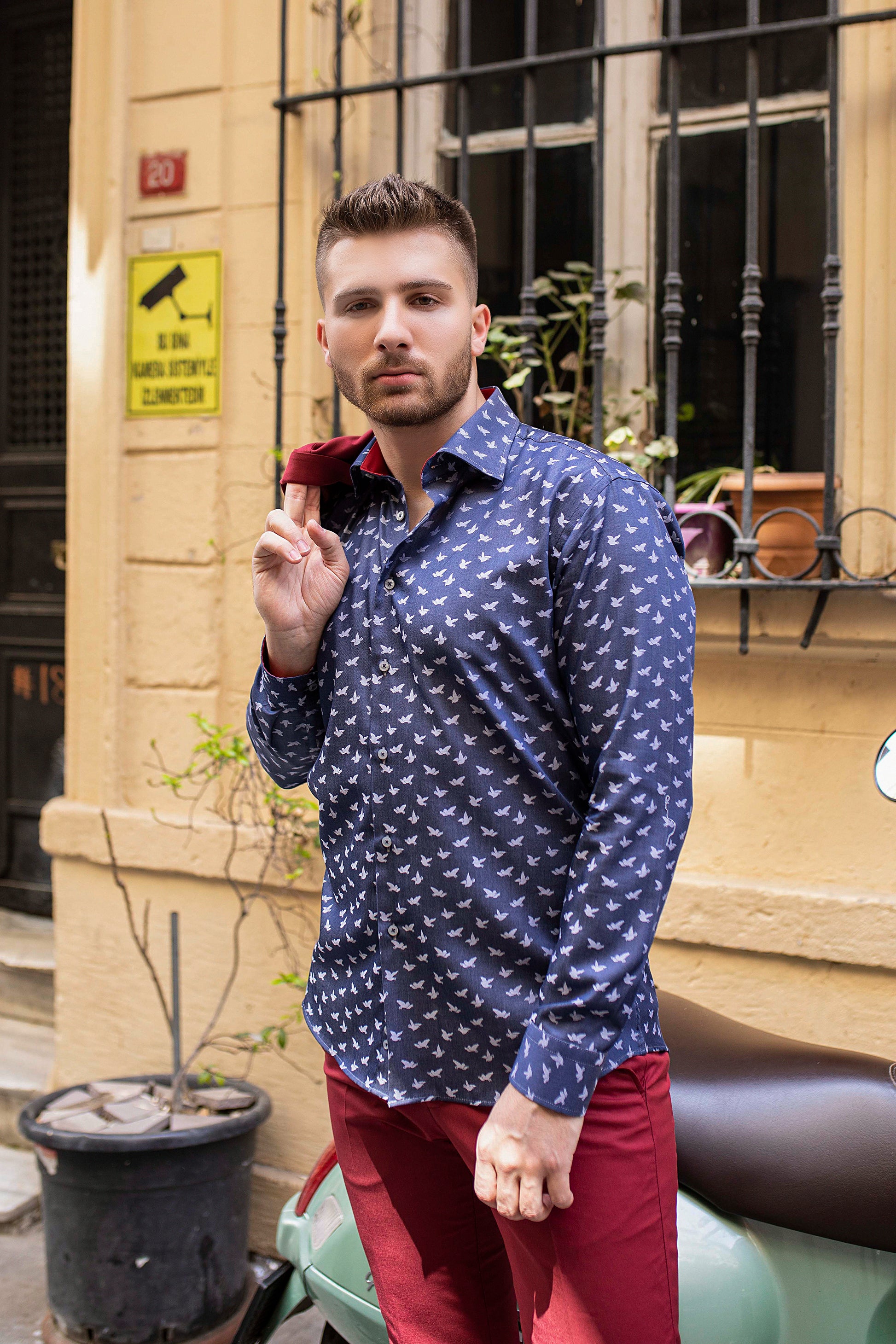 Navy Blue Slim Dress Shirt with White Bird Design and Red Linings