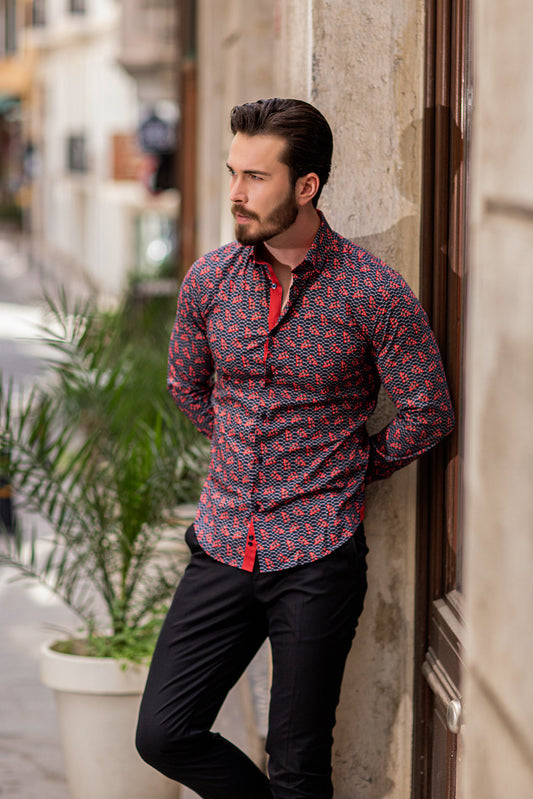 Cherry Design Shirt With Navy Background and Red Lining. 100% Cotton.