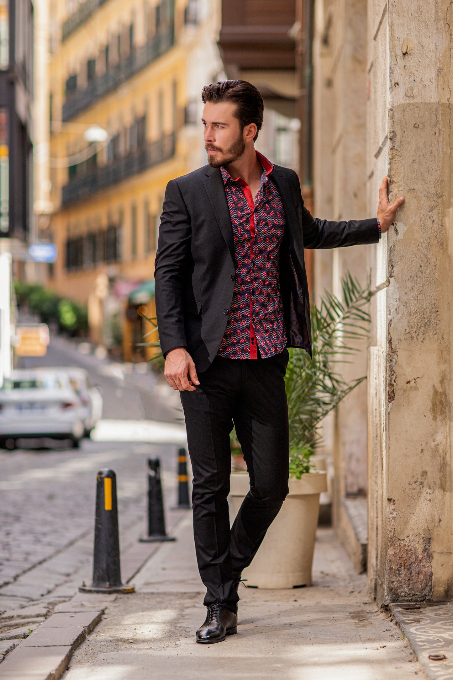 Cherry Design Shirt With Navy Background and Red Lining. 100% Cotton.