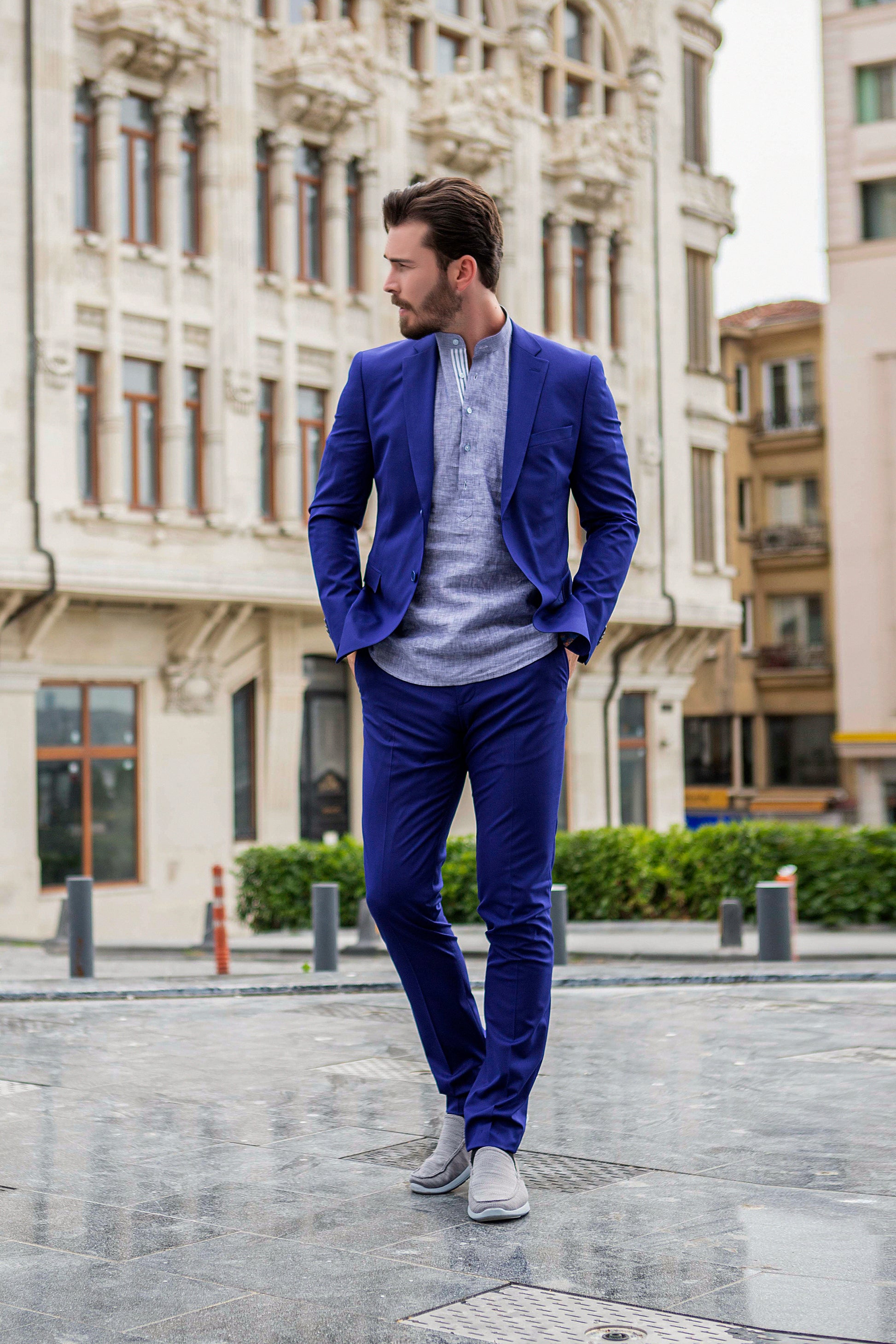 Denim Blue Banded Short Sleeve Linen Shirt image
