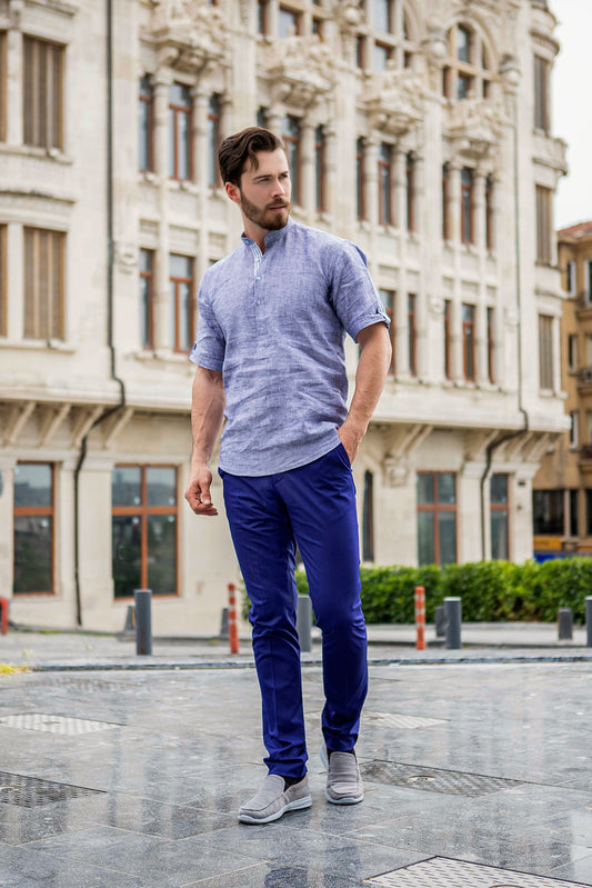 Denim blue banded short sleeve linen shirt
