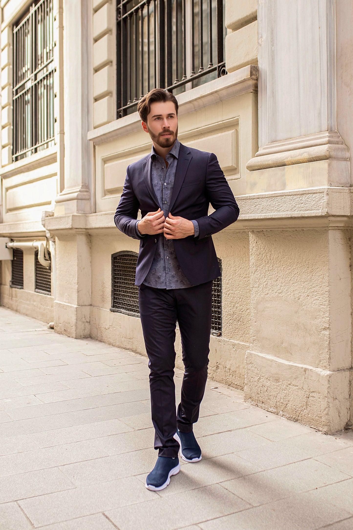Lunar Grey Slim Moda Dress Shirt With Moon Print Design with suit