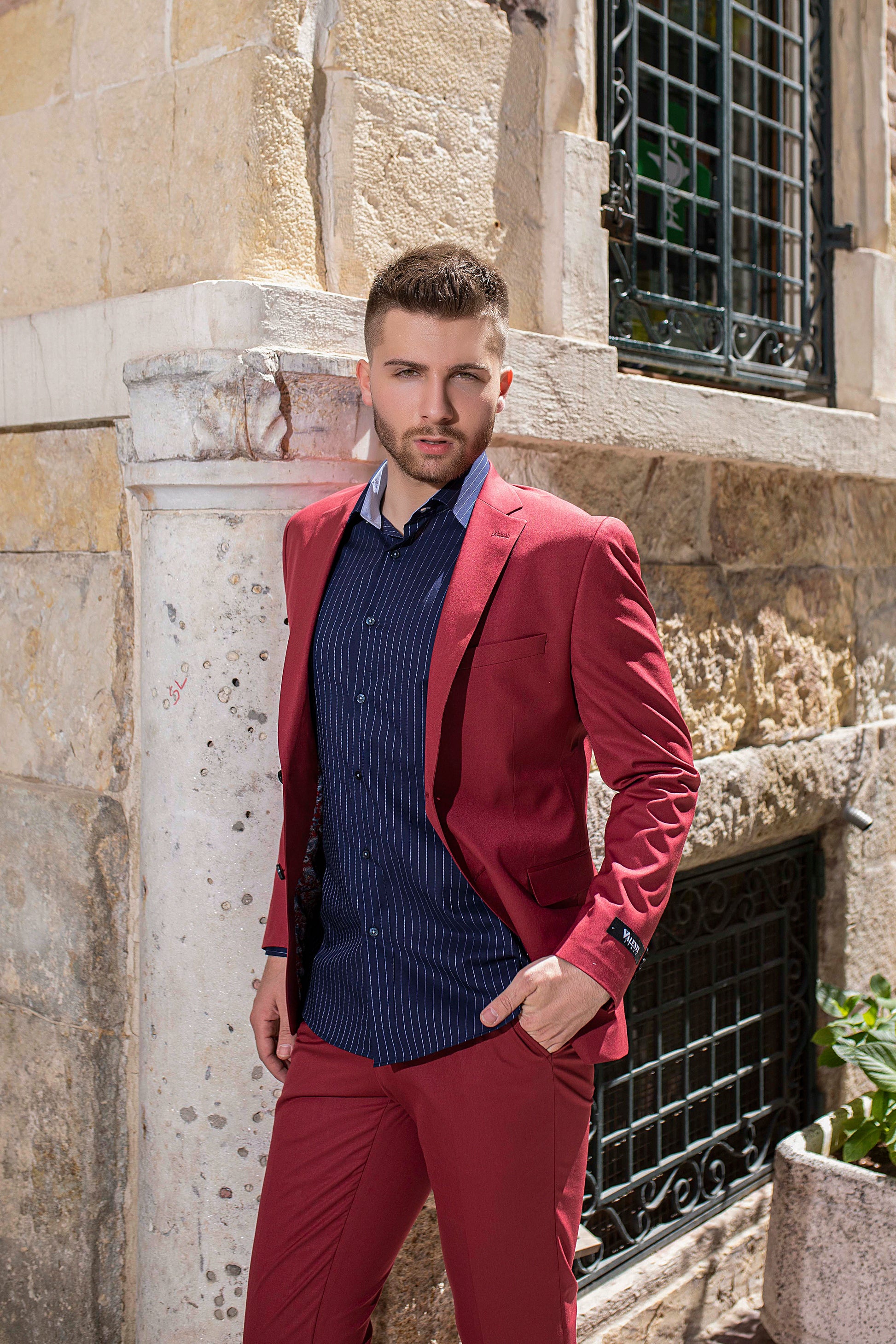 Navy Slim Dress Shirt With White Stripes and maroon suit