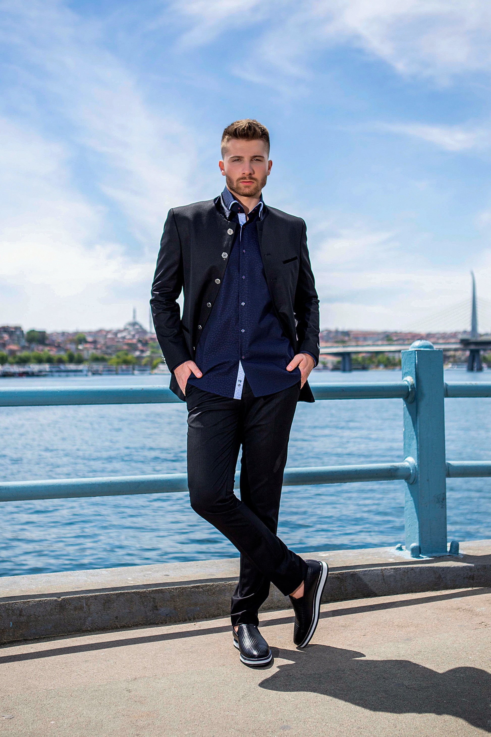 Slim Navy Embezzled Dress Shirt with Light Blue Linings and Red Valnti Moda Logo on Right Chest