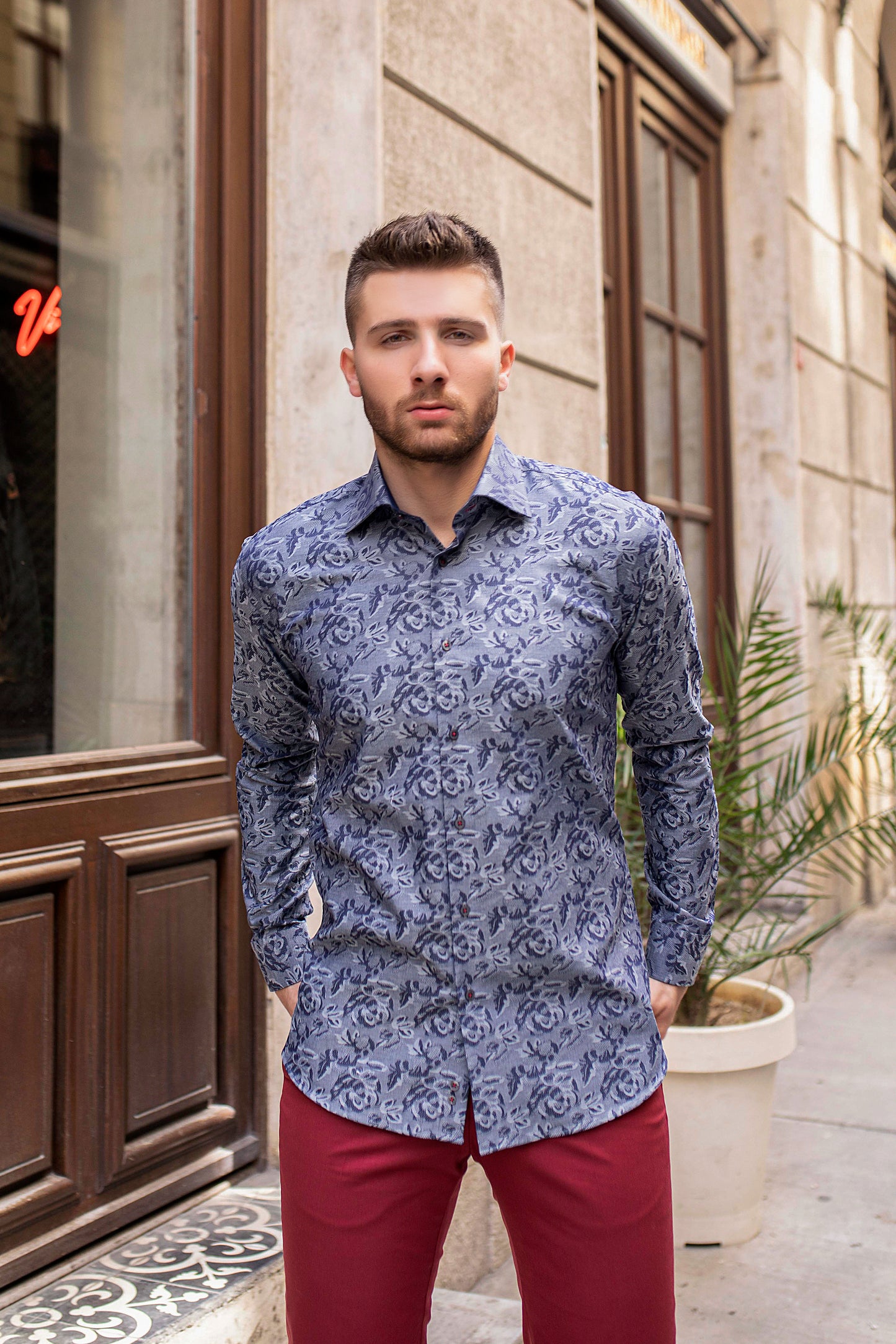 Slim Navy Fiore Design Dress Shirt