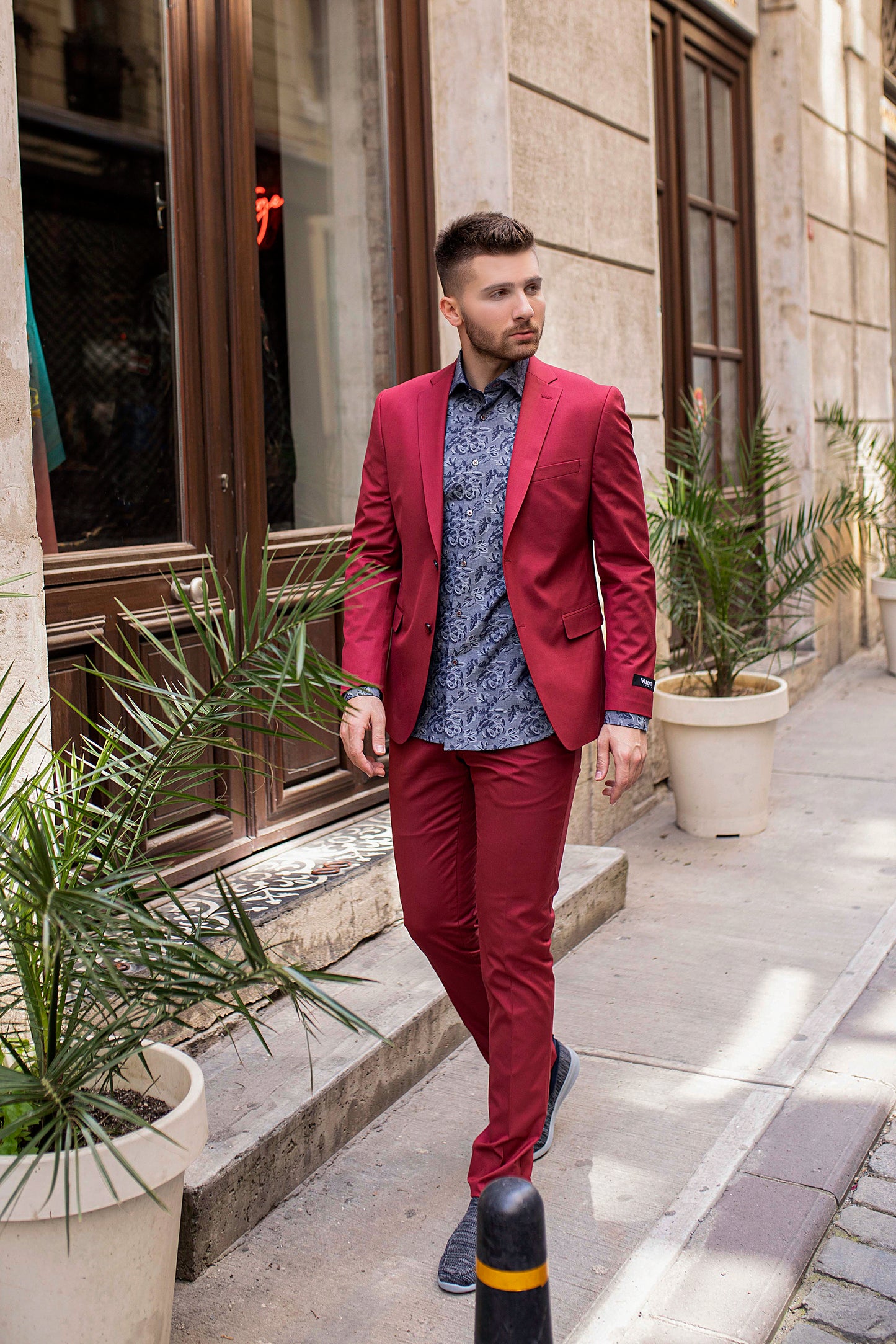 Slim Navy Fiore Design Dress Shirt