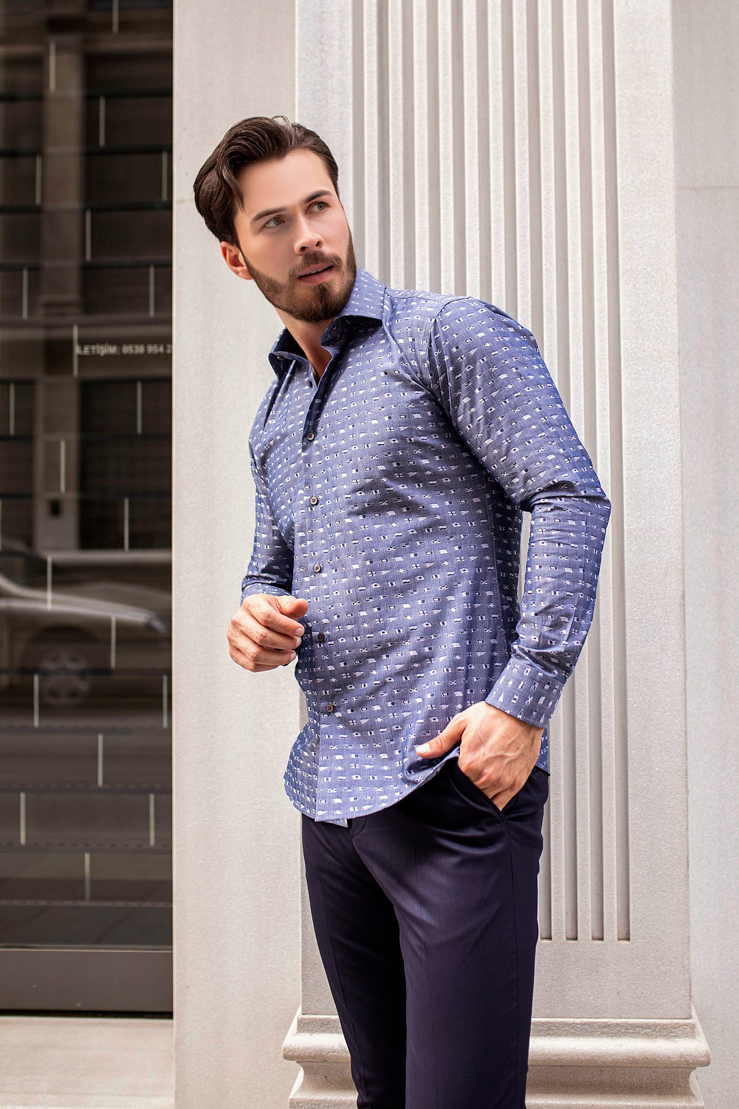 Navy Slim Dress Shirt With Sailor Designs