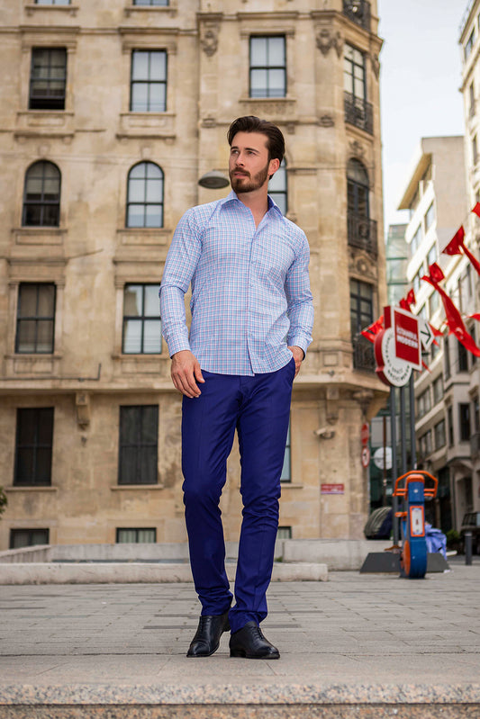 Slim, Professional Light Blue Tattersall Checkered Dress Shirt With Subtle Light Pink, Green, and Blue Check Lines.