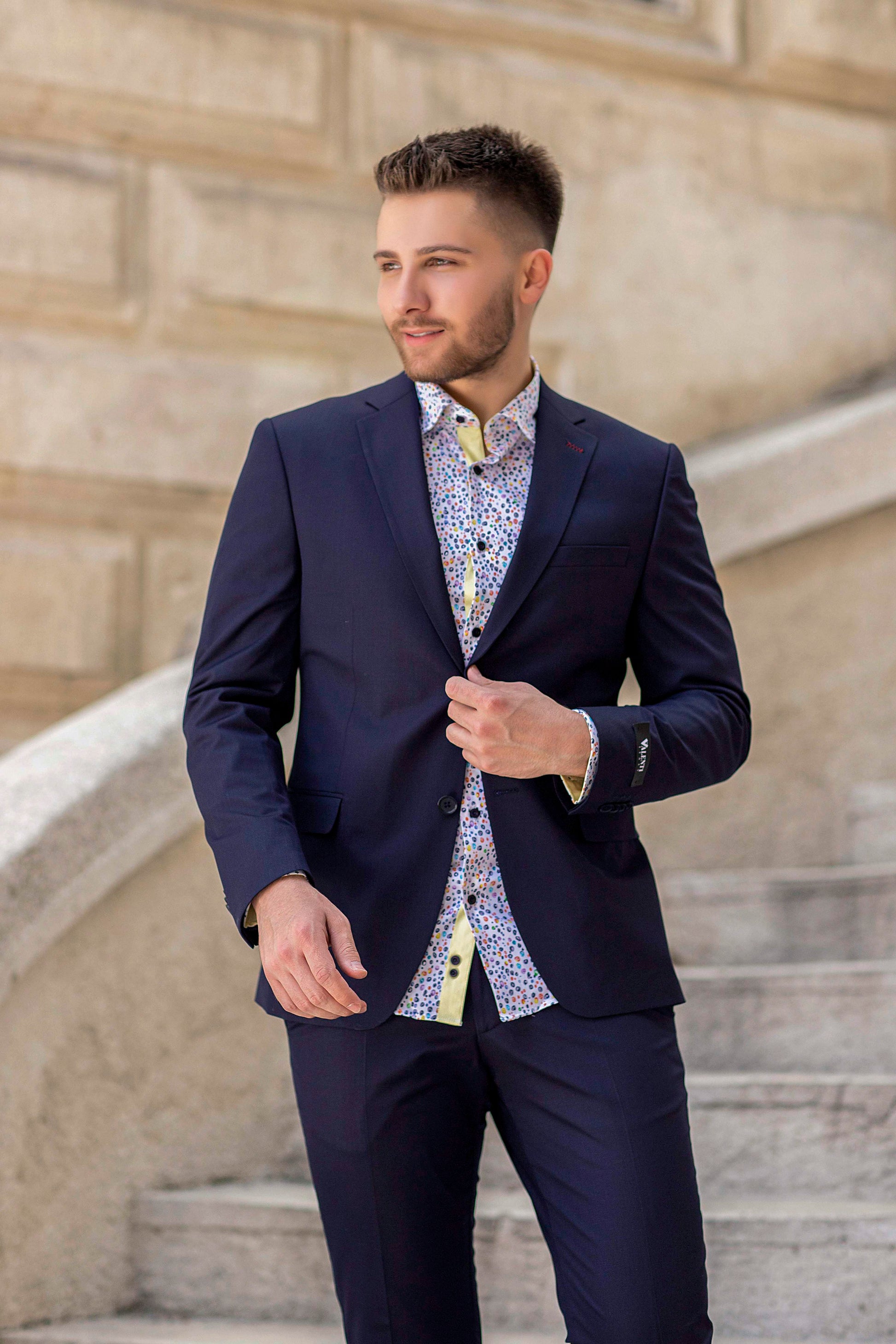 Stylish Party wear Birthday-Inspired Slim Dress Shirt with Pastel Colors and Yellow Linings  with suit