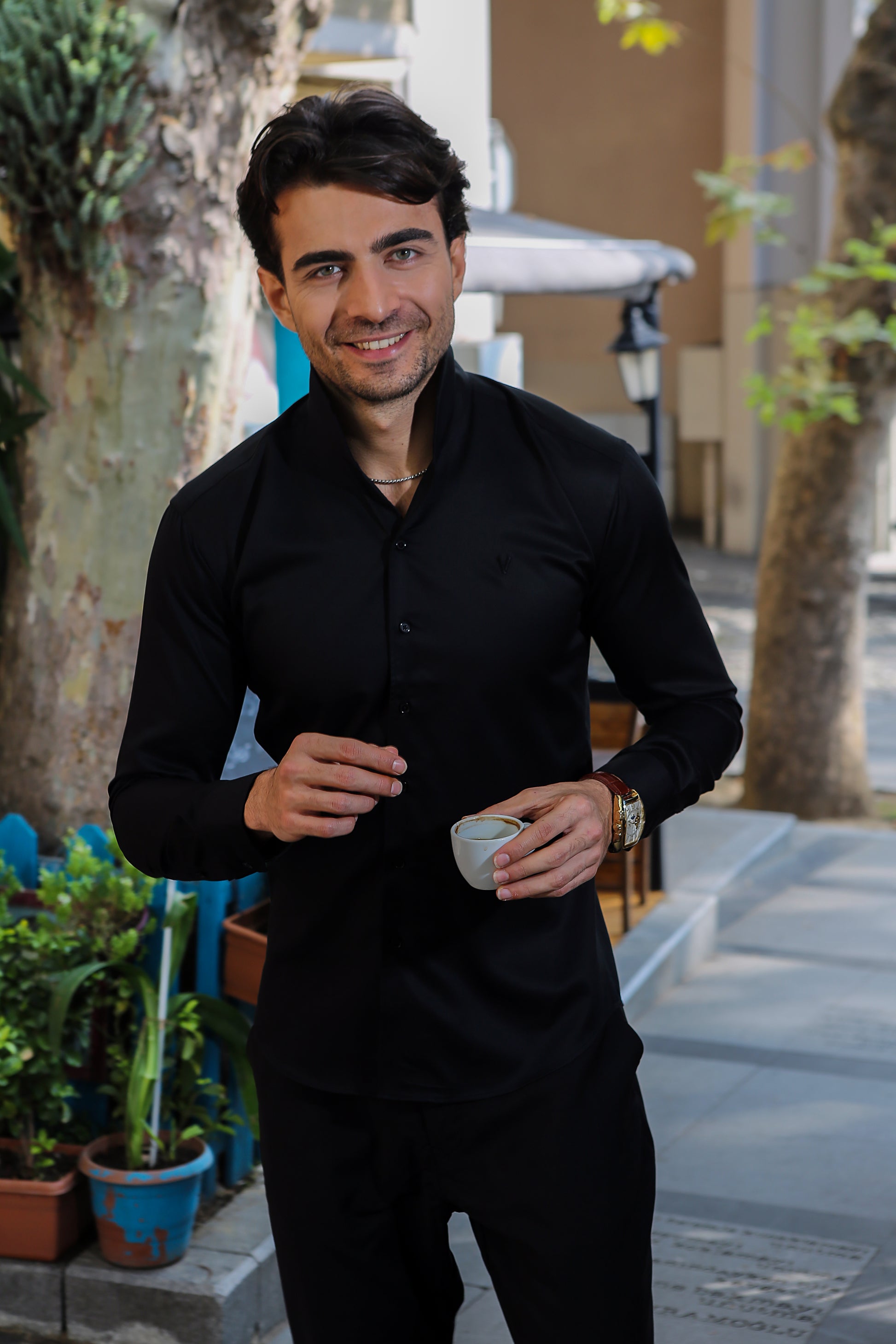 Signature Black Fly Collar Shirt Elegant Italian Design Valnti Signature Black Fly Collar Shirt Elegant Italian Design Valnti