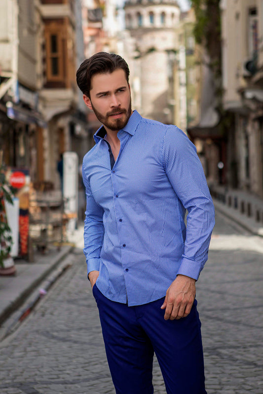 Blue Elegance Slim Dress Shirt With Dark Blue Linings