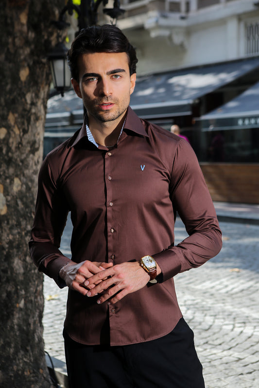 Brown High Collar Dress Shirt image