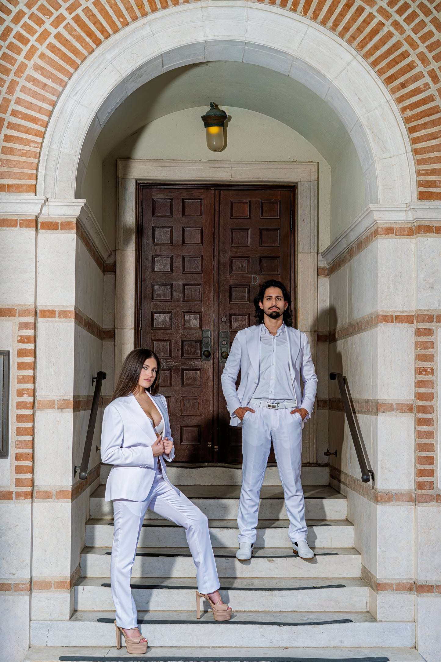 Sharp modern tailoring for both outfits
