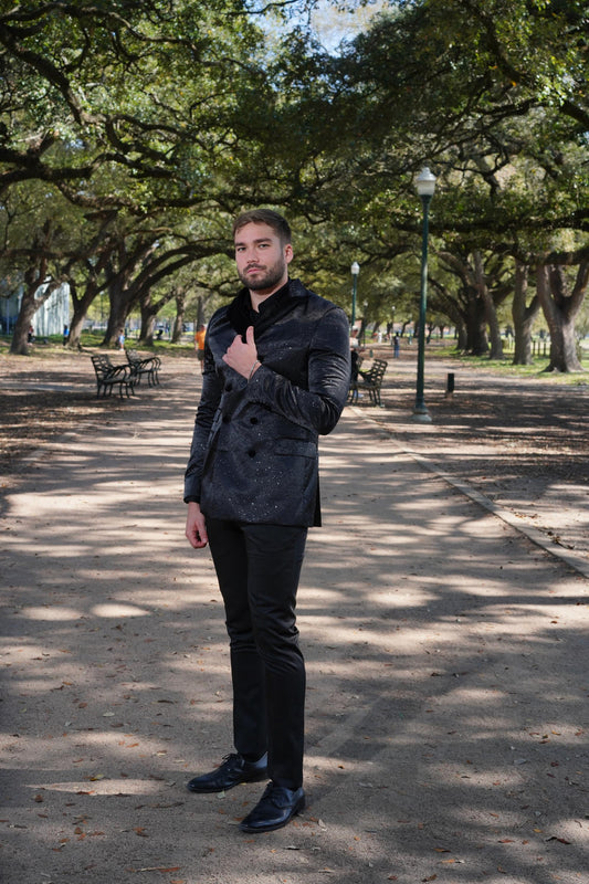 Luxurious black textured tuxedo styling
