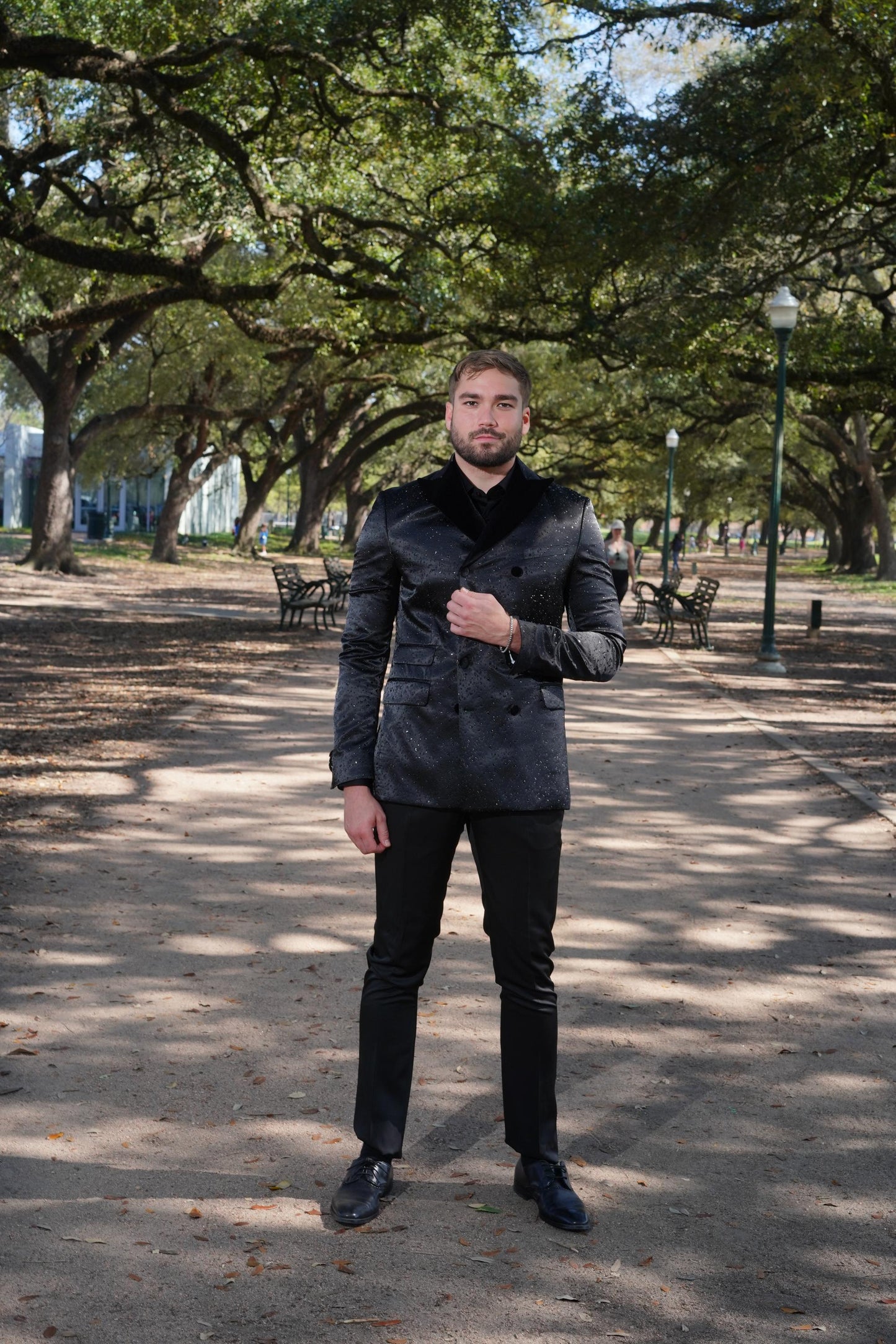 Luxurious black textured tuxedo styling