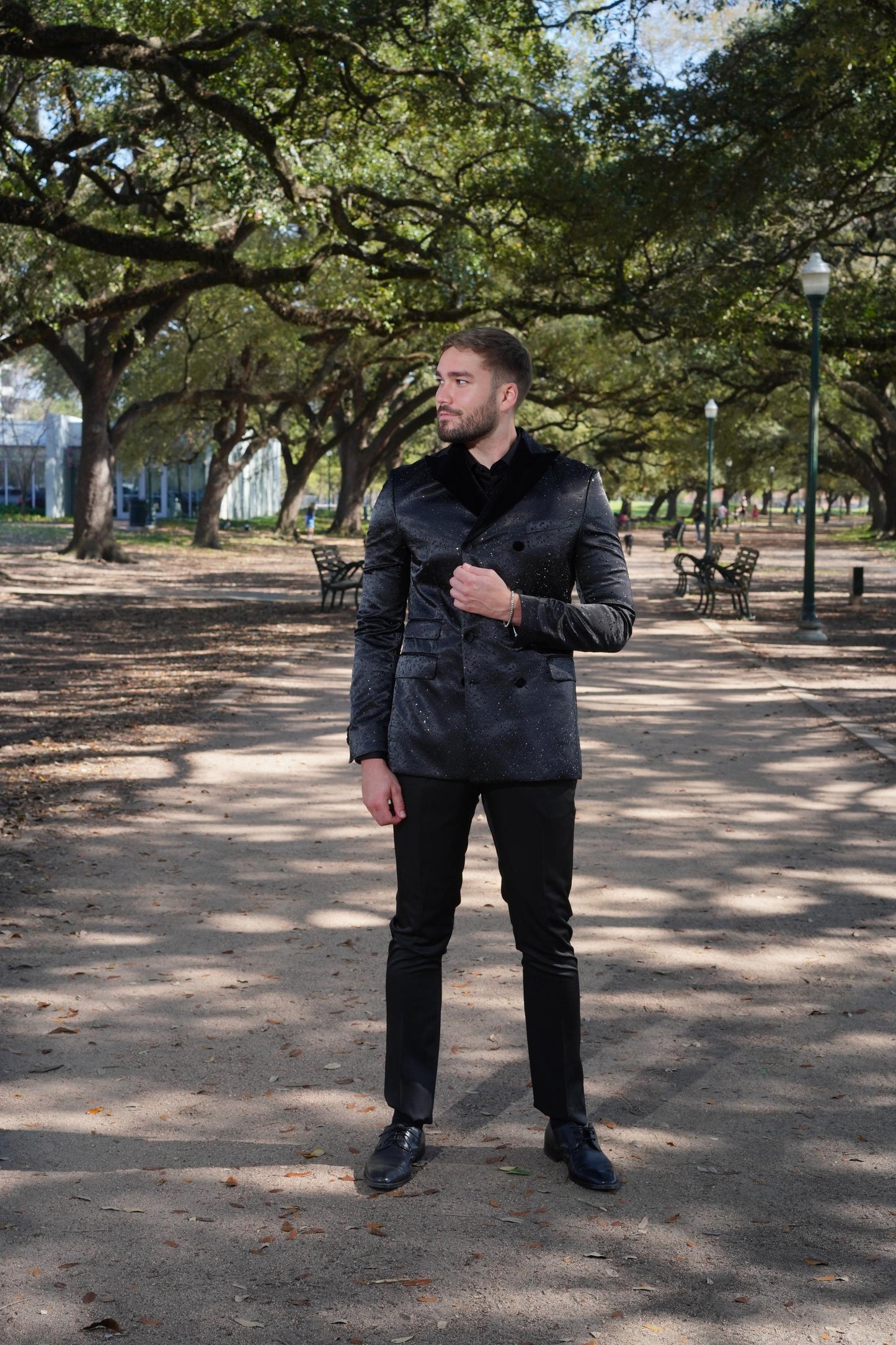 Luxurious black textured tuxedo styling